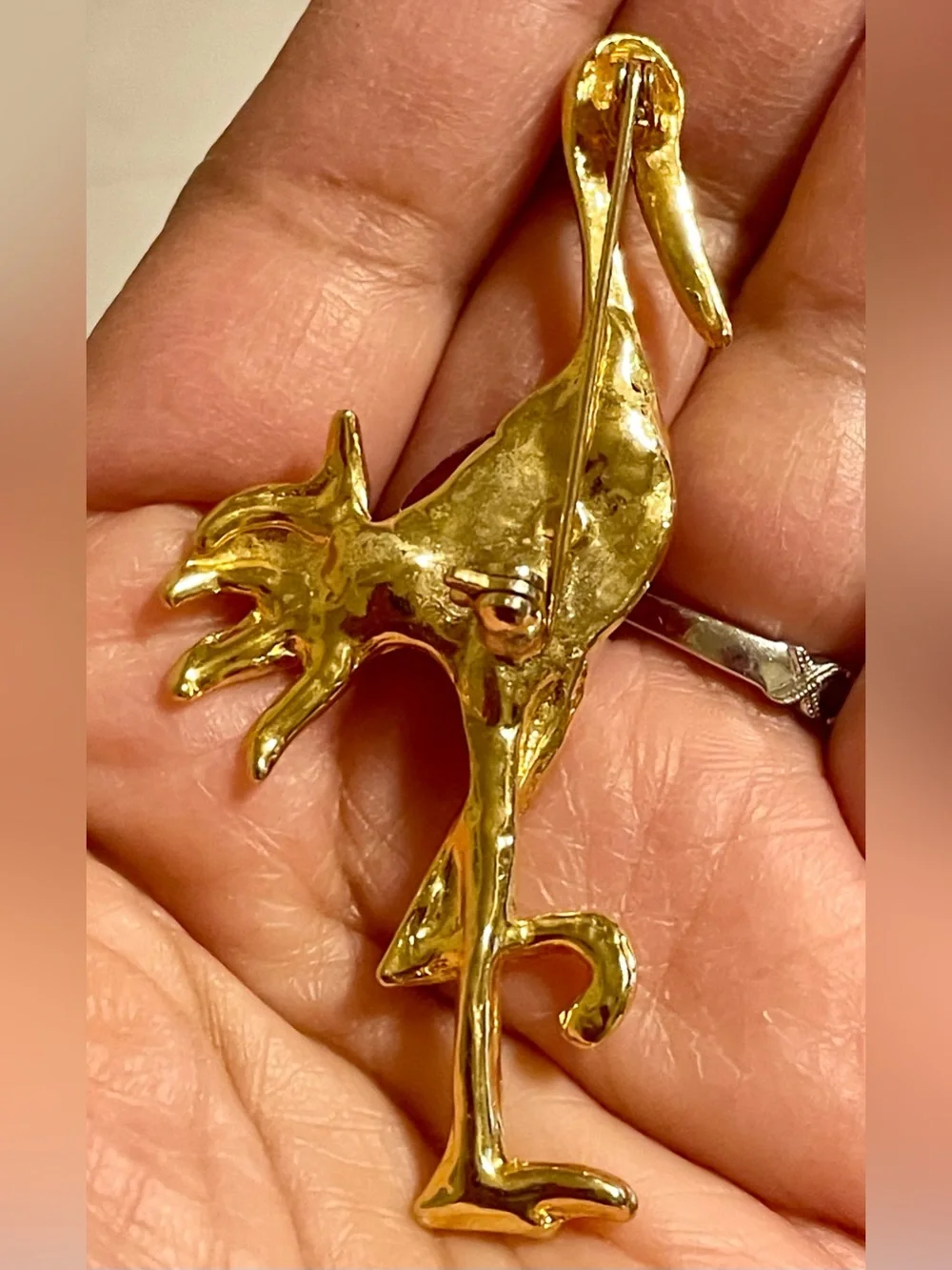 Gold-Tone Stork Brooch with Red Glass Jelly Belly Accent